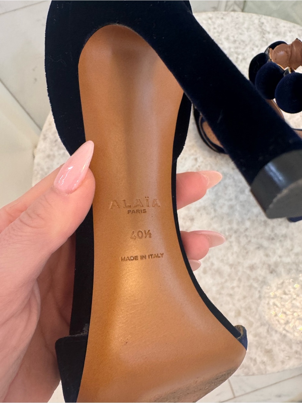 Alaia Navy Satin Pom-Pom Ankle-Strap Heels - Picture 13 of 16